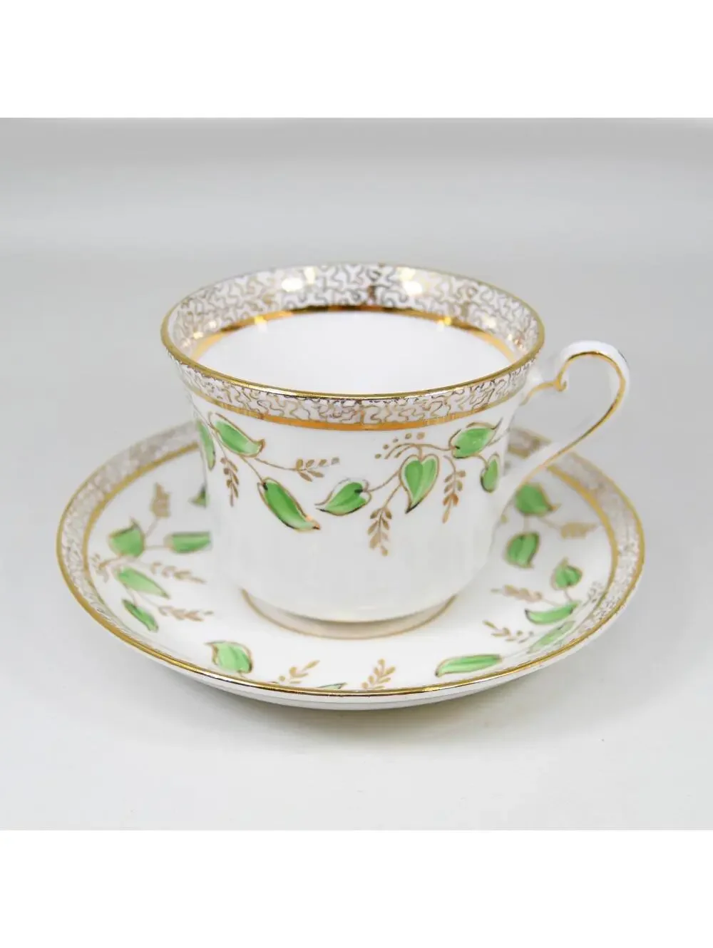 Phoenix Bone China Teacup & Saucer Gold Green Leaf Floral Vintage 1940s England
